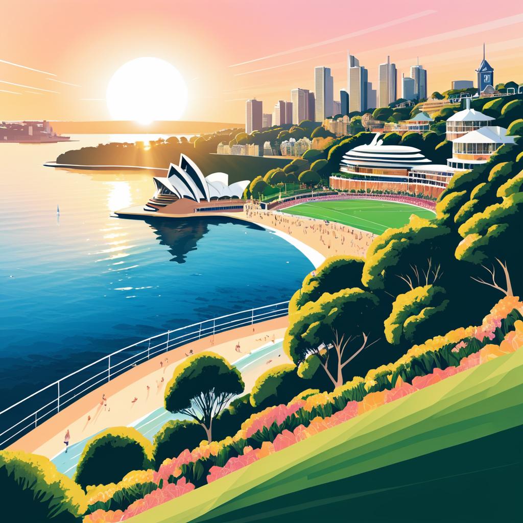 Illustrated Sunset Over Sydney's Landmarks