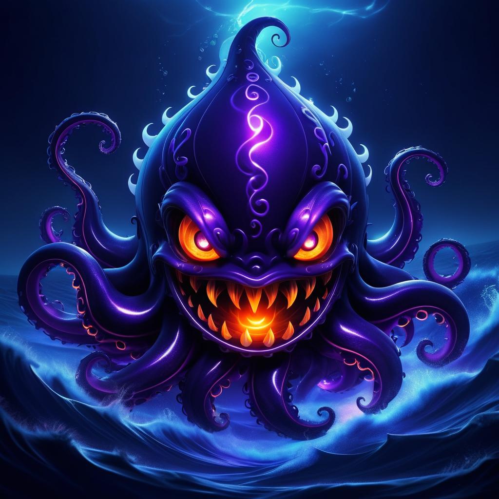 Cute and Mischievous Kraken in Stormy Ocean