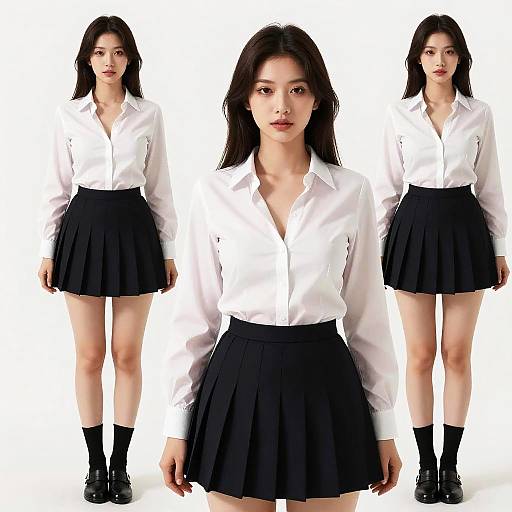 Anime Style Mature Woman in Schoolgirl Uniform Multiple Views