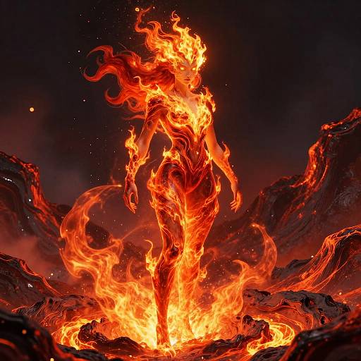 Photograph-like digital artwork of a fiery, humanoid figure emerging from a blazing volcano, with vibrant orange and red flames against a dark, smoky background
