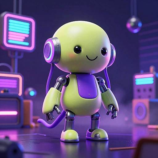 CGI image of a cute, yellow, spherical robot with purple accents, black eyes, and headphones, standing in a neon-lit cyberpunk lab