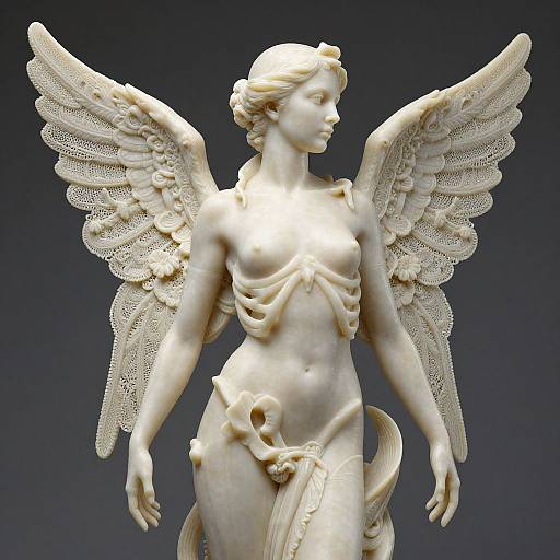 Photograph of a detailed, white marble angel statue with lace-like wings, flowing hair, and draped cloth, set against a dark gradient background.