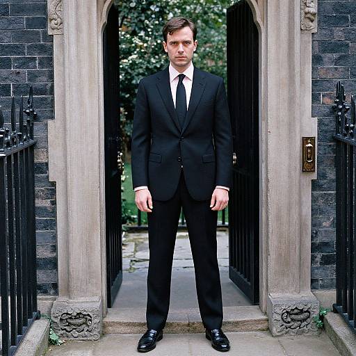 Photograph of a serious, white male in a black suit, white shirt, and black tie standing in a stone archway with black iron gates.