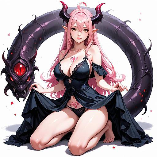 Digital anime-style drawing of a pink-haired demon girl with black horns, red eye, black lace dress, and tail, kneeling seductively.