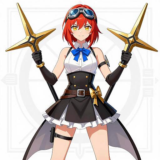 Anime Red-Haired Woman with Star-Shaped Weapons