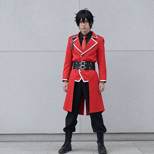 Photograph of a young man with black hair in a red military-style coat with white trim, black pants, and black boots, standing against a plain