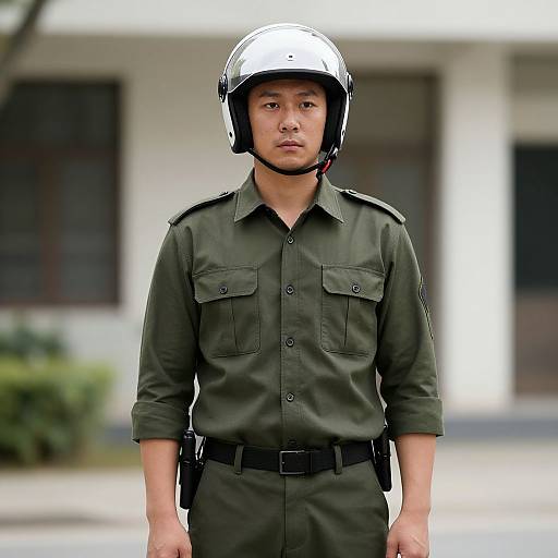Photograph of a serious Asian male police officer in a green uniform, white helmet, standing outdoors, with blurred building background.