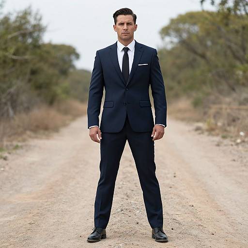 Photograph of a handsome, tall, dark-haired man in a sharp black suit, white shirt, and black tie, standing confidently on a dirt path