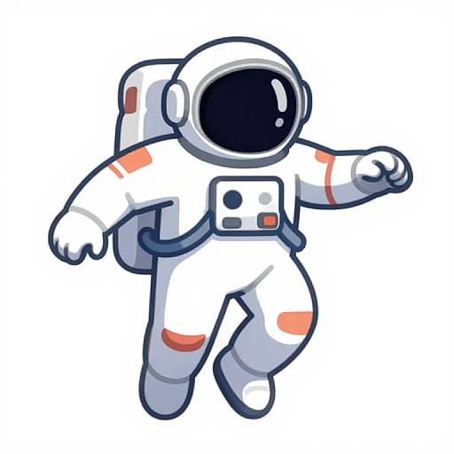 Cartoon-style astronaut illustration with a black visor, white suit, red and blue accents, floating against a white background.