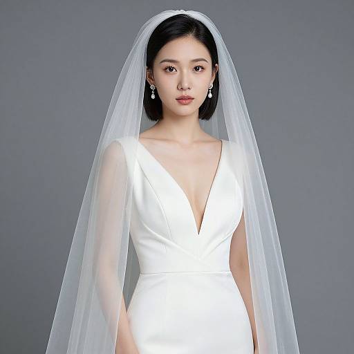 Photograph of an Asian bride with short black hair, wearing a white, deep V-neck wedding dress and a translucent veil, against a gray background.