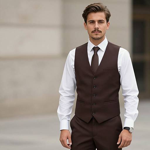 Photograph of a handsome, mustached man with dark hair, wearing a white dress shirt and black vest with matching tie, standing outdoors in front of