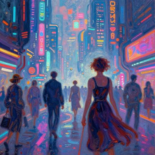 Digital painting of a neon-lit, futuristic city street at night. A woman in a sleeveless dress walks away from colorful, glowing signs and busy