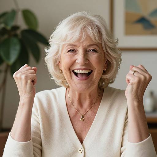 Photograph of an elderly woman with short white hair, smiling broadly, wearing a cream cardigan, and gold necklace, fists raised in excitement. Background