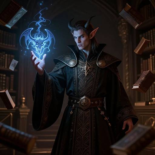 Photorealistic digital artwork of a dark-haired, horned, elf-like mage in ornate black robes, conjuring a glowing blue, ethereal