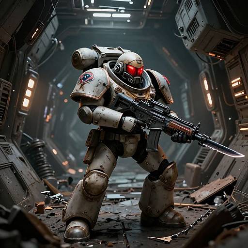 CGI image of a bulky, white, futuristic astronaut in full armor with red helmet visor, wielding a rifle in a dark, damaged spaceship corridor