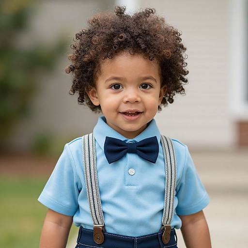 Photograph of a cute young boy with curly dark hair, wearing a light blue shirt, navy bow tie, and dark blue suspenders, smiling outdoors