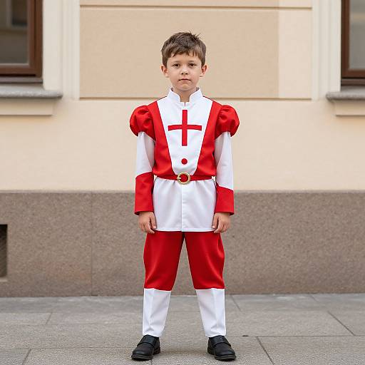 Photograph of a young boy with short brown hair, wearing a red and white medieval-style outfit with a cross, standing on a city sidewalk against a