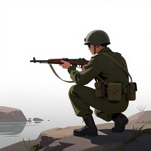 Crouching Soldier Against Overexposed Horizon