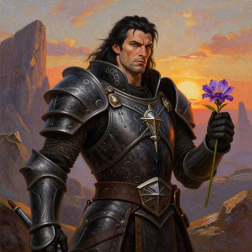 Digital painting of a brooding, dark-haired man in medieval armor holding a purple flower at sunset, set against rocky mountains.