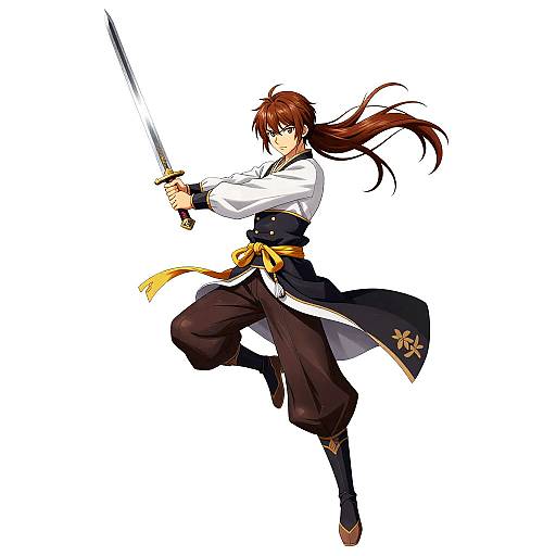Digital anime artwork of a red-haired, blue-eyed warrior in mid-air, wielding a sword, wearing a white shirt, black pants, and yellow s