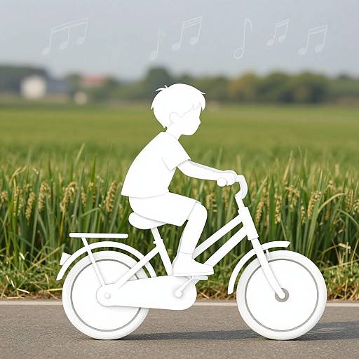 White silhouette of a child riding a bicycle in a green field with musical notes above, set against a clear blue sky.