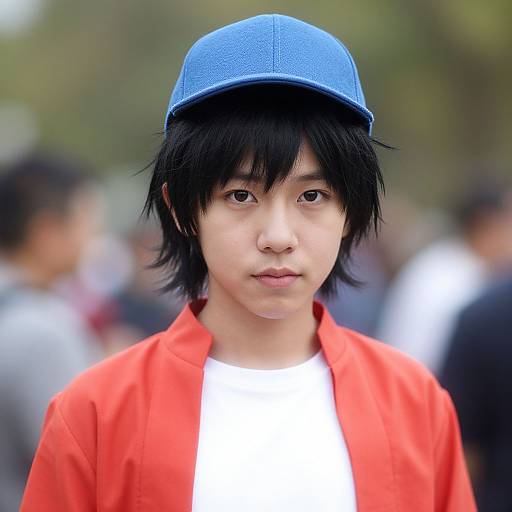Photograph of an Asian teenage boy with black hair, blue cap, red open shirt, and white t-shirt, standing in a blurred outdoor crowd.