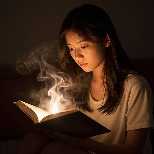 Photograph of an Asian woman with long black hair, wearing a white t-shirt, reading a glowing book with a flame and smoke. Dark background.