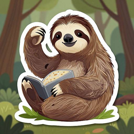Cute digital illustration of a smiling sloth with brown fur, black nose, and white facial markings, sitting in a forest, holding a book with