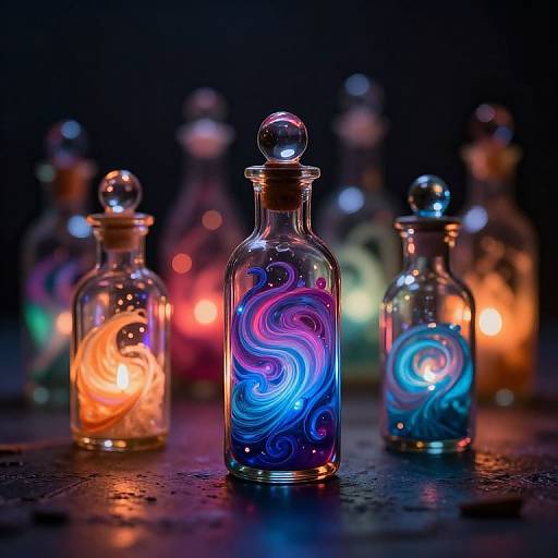 Photograph of glowing, glass bottles with swirling neon lights—blue, orange, and purple—in a dark, bokeh-lit background.