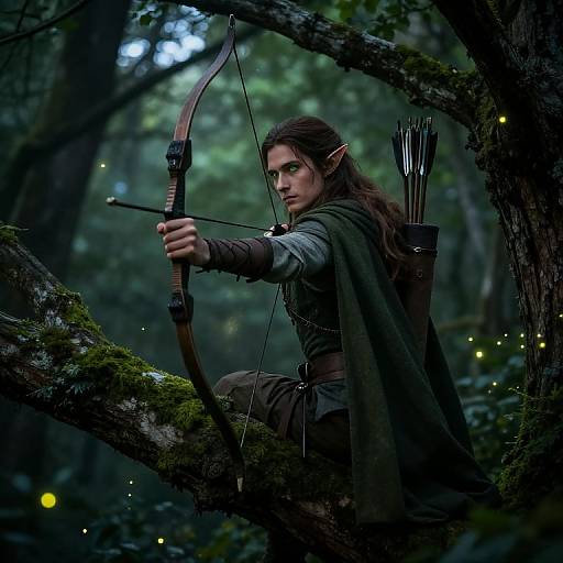 Photorealistic digital artwork of an elf archer with pointed ears, long brown hair, green cloak, and quiver, drawing a bow on a