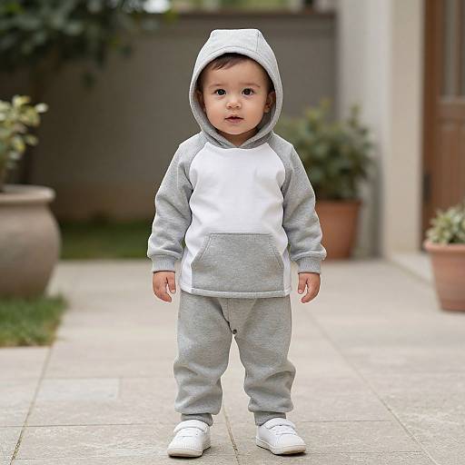 Photograph of a cute Asian baby with light skin, black hair, wearing a gray and white hoodie and pants, standing on a concrete path with p
