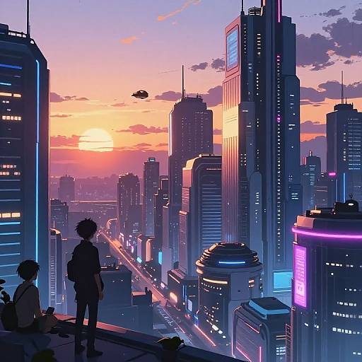 Digital anime-style cityscape at sunset, featuring silhouetted figures on a rooftop, neon-lit skyscrapers, glowing lights, and a