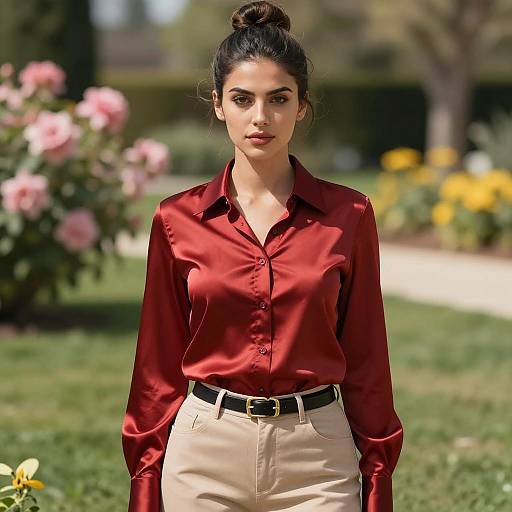 Woman in Red Silk Shirt Standing in Sunny Garden