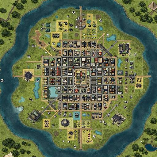 Top-down digital map of a colorful, detailed village with buildings, roads, pools, and greenery surrounded by a blue winding river.