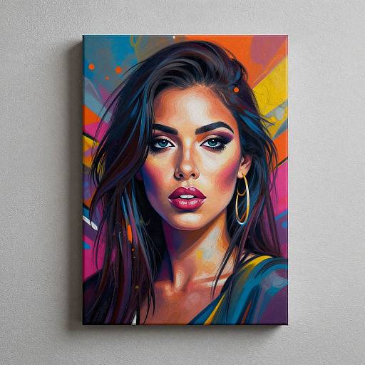 Digital pop art portrait of a stunning woman with dark hair, bold makeup, hoop earrings, and vibrant, colorful background.