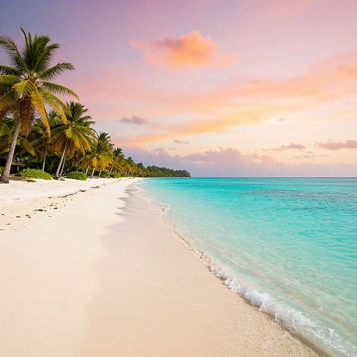Photograph of a tropical beach at sunset with white sand, turquoise water, palm trees on the left, and a pink-orange sky.
