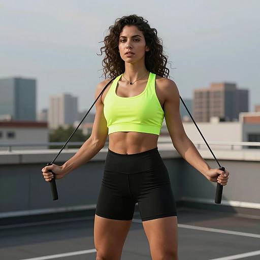 Athletic Woman with Jump Rope on Urban Rooftop