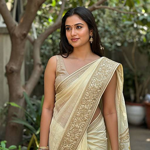 Photograph of an Indian woman with long black hair, wearing a gold-embroidered beige saree, standing outdoors with greenery in the background
