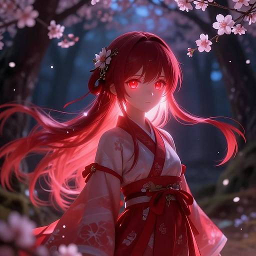 Digital anime artwork of a glowing red-eyed girl with long red hair, wearing a red and white kimono, surrounded by cherry blossoms in a dark