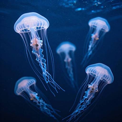 Photograph of five glowing blue jellyfish with translucent domes and long, flowing tentacles in a dark, underwater blue ocean.