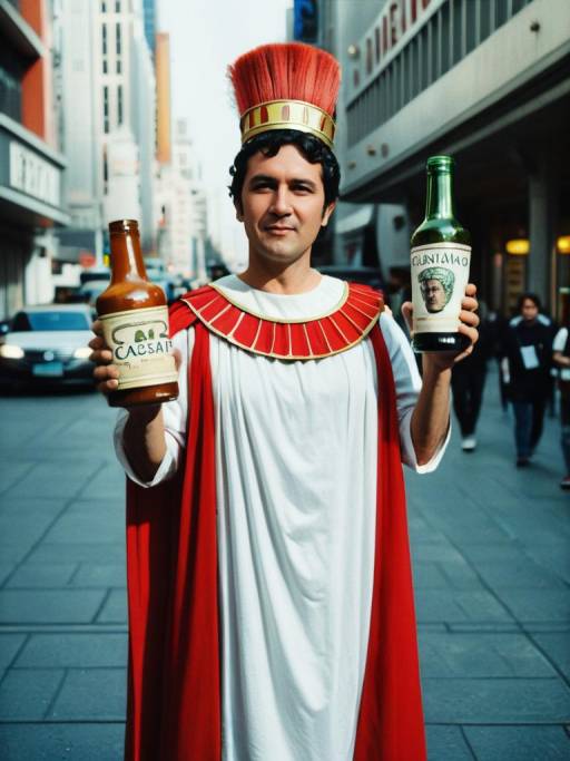 Man in Caesar Costume Holding Dressing Bottles