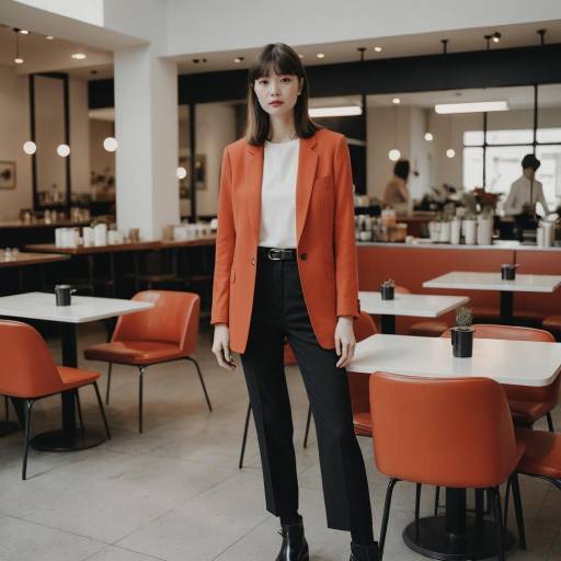 Woman in Vermilion Blazer in Coffee Shop