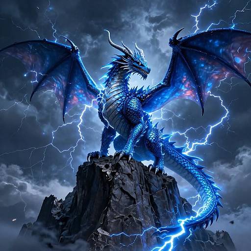 Digital artwork of a blue, lightning-encrusted dragon with glowing wings and horns standing on a rocky peak, against a stormy sky.