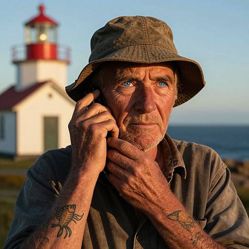 Photograph of a weathered, tattooed man with blue eyes, wearing a green bucket hat, thinking, with a lighthouse in the background.
