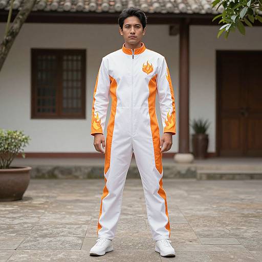 Photograph of an Asian man in a white and orange flame-patterned tracksuit standing on a stone courtyard, with a traditional building and potted plant