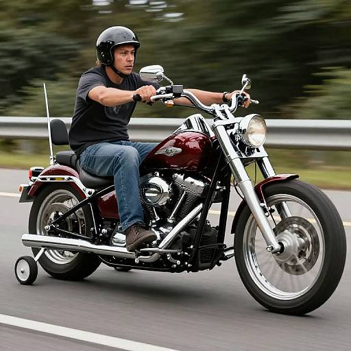 Tough Biker on Chrome Chopper with Training Wheels