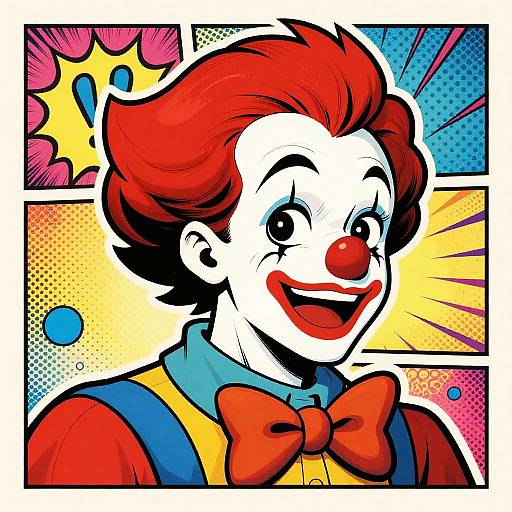 Comic-style drawing of a cheerful clown with bright red hair, red nose, blue collar, yellow vest, and red bow tie, set against colorful,
