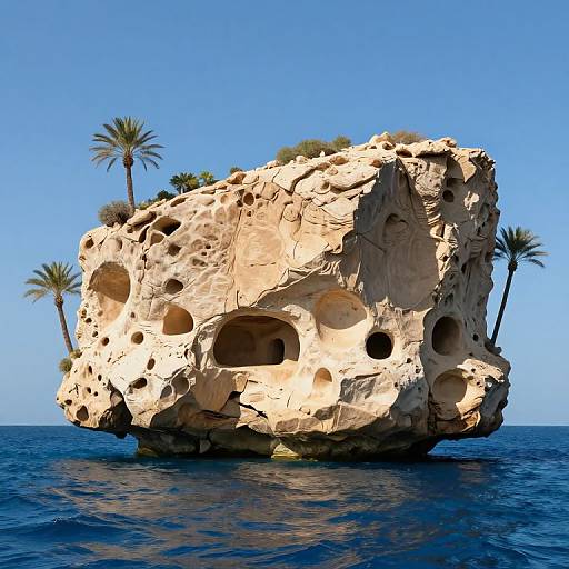 Photorealistic CGI of a large, pockmarked, rocky island with palm trees, floating in deep blue ocean under clear sky.