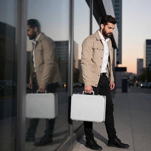 Businessman Leaning on Glass Window at Sunset