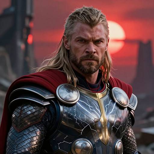 Photograph of rugged, bearded man with long blond hair, wearing cracked silver armor and red cape, against a vivid red sunset background.
